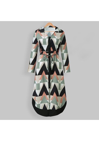 İlkbahar Ve Sonbahar Kadın Elbise Midi Baskılı Ekose Yaka Kravat Elbiseler Çok Renkli