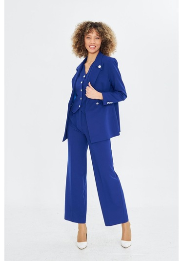 Yakası Düğme Detaylı 3lü Takım Saks Saks Mavisi