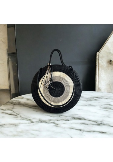 Hasır Çanta, Silindir Çanta, Tasarım Çanta, Silindir Siyah Nazar El Çantası Siyah - Gri - Bej