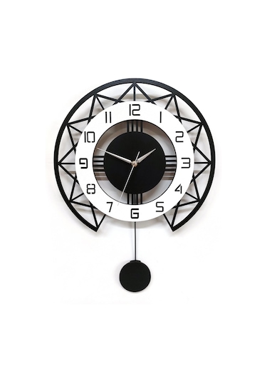 Cajuart Siyah Beyaz Stil Tasarım 40 Cm Ahşap Sarkaçlı Duvar Saati
