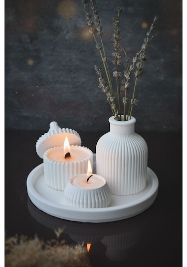 5 Parça Beyaz Renk Özel Tasarım Kokulu Soya Mum, Vazo, Tealightlı