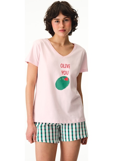 Penti Renkli Olive You Pamuklu Şort Pijama Takımı Çok Renkli