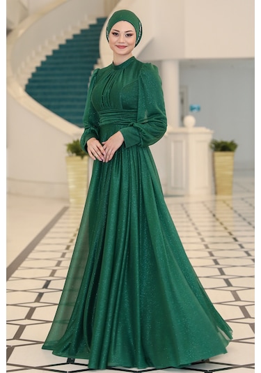 Raika Moda Şık Tasarım Tül Kübra Abiye Zümrüt