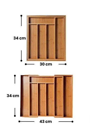 Bambu Ayarlanabilir Çekmece İçi Kaşıklık Ölçü Ayarlı 5-7 Bölmeli Doğal Organizer 30x34 Cm / 43x34 Cm Bambu