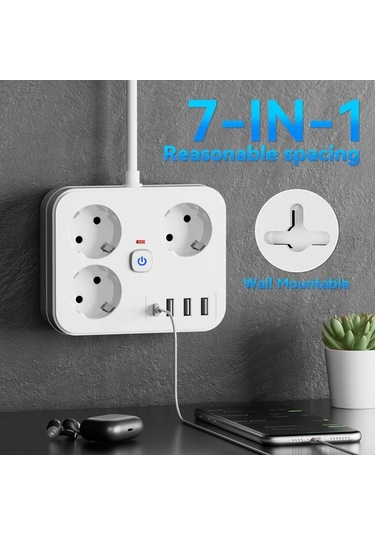 Motion003 7si 1 Arada Guc Seridi 3 Ac Cikisi 3 Usb 1 Tip C Asiri Yuk Korumasi Duvara Monte Beyaz 1524cm