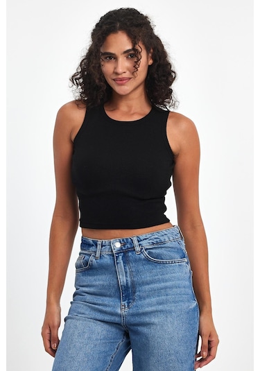 Mmetalic Fitilli Siyah Crop Halter Yaka Sıfır Kol Pamuklu 3'lü Kadın Atlet