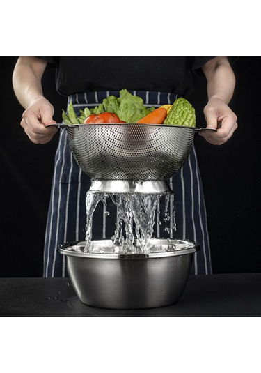 Rocco Gümüş Paslanmaz Çelik Kevgir Karıştırma Kasesi Salata Makarna Sebze Meyve Süzgeç 28,5 Cm Çelik