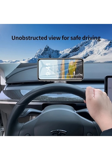 Honeybeeshop Tesla Model 3 Y İçin Siyah Manyetik Araba Telefon Tutucu Ayarlanabilir Kablosuz Şarj Güvenli Tutuş Modern Aksesuar