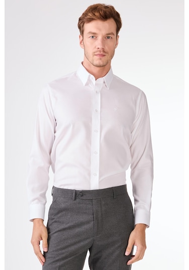Beyaz Düz Uzun Kol Regular Fit Erkek Gömlek Beyaz