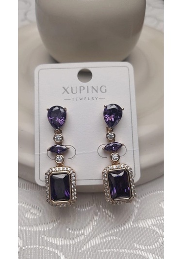 Uzel Xuping Küpe Çelik Sarı Etrafı Mor Taşlı Küpe, Dik Kesim Zirkon Taşlı Çelik Küpe