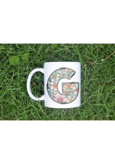 G Harfli Pastel Çiçek Desenli Kahve Kupası - Kişiye Özel Çiçekler Koleksiyonu Bardak - Hediye Beyaz
