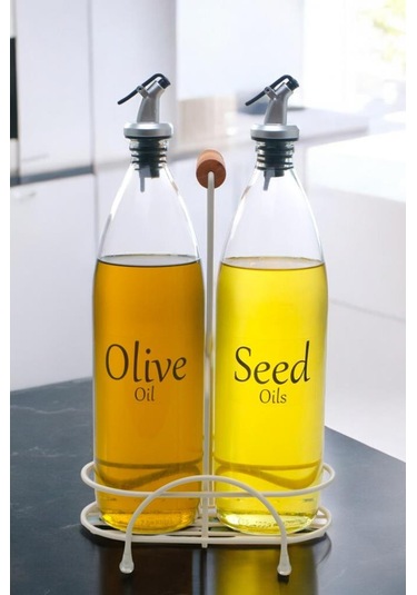 Digithome Aura 2'li Krem Metal Standlı Ahşap Saplı Yağdanlık Seti Şeffaf Etiketli Cam Yağlık 1000 Ml Cys-20 Krem