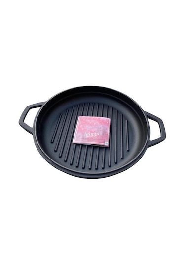 Hosse 28 Cm Yuvarlak Demir Döküm Grill Tava Çift Kulplu Siyah Siyah