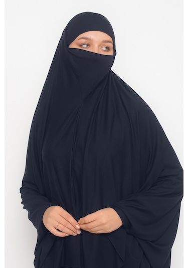 Altobeh Kollu Sufle Çarşaf Üstü Peçeli Pratik Tesettür Hijab - Nikaplı Namaz Örtüsü - Lacivert