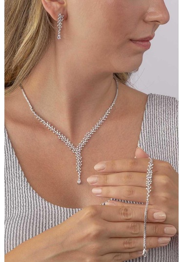 Gümüş Pazarım Pırlanta Montür 4 Tırnaklı Su Yolu 925 Ayar Gümüş Dügün Set Gümüş