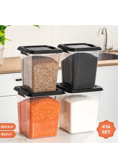 Porsima 4372 4 Lü Mega Boy Hava Geçirmez Deterjan Saklama Kabı Erzak Saklama Kabı Seti Gri 7,5+5lt Şeffaf