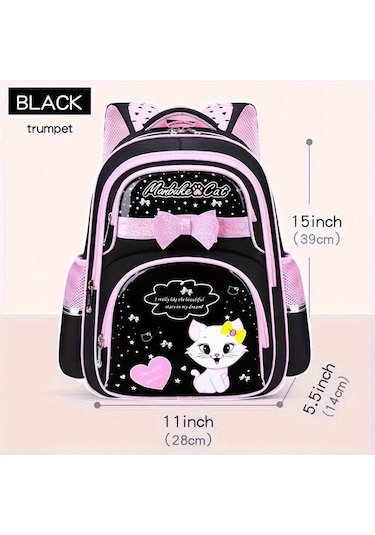 Dream011 Sevimli Çizgi Film Kedi Desenli Siyah Küçük İlkokul Çantası 1-6 Sınıflar İçin Kız Ve Çocuk Ultra Hafif Büyük Kapasiteli Siyah