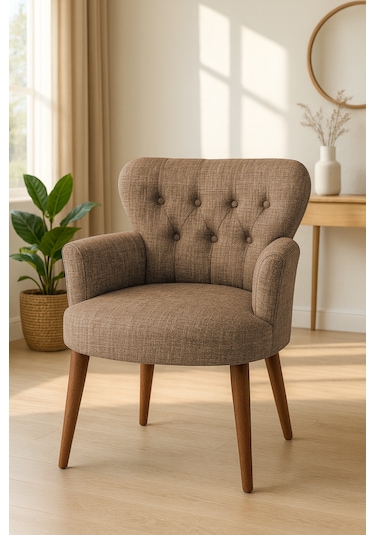 Roma Berjer - Modern Tekli Koltuk - Keten Kumaş - Kahverengi