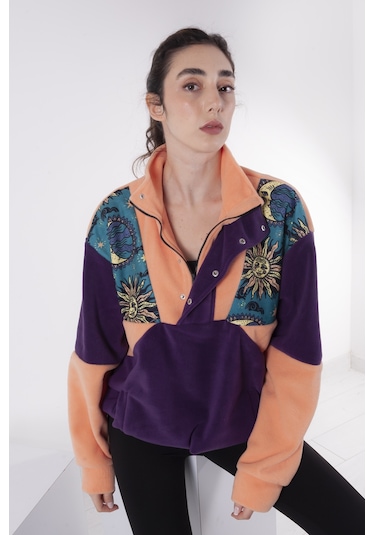 Kadın Erkek Güneş Desenli Yarım Fermuarlı Polar Sweatshirt