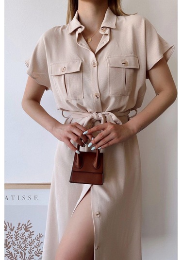 Kadın Bej Kısa Kol, Gömlek Yaka, Düz Desen, Çift Cepli, Aerobin Kumaş, Kuşaklı Maxi Elbise Bej