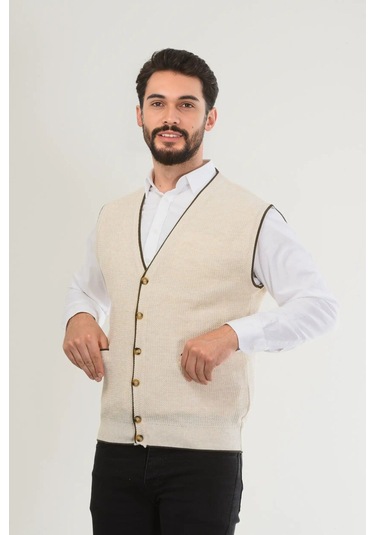 Kamalı Erkek V Yaka Triko Düğmeli Cepli Çizgi Desenli Regular Fit Premium Tüylenmeyen Örgü Yelek Taş