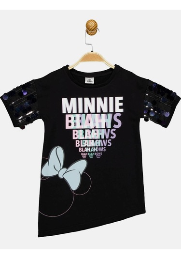Minnie Mouse Lisanslı Siyah Pullu Kol Şık Elbise Mn17666 Siyah