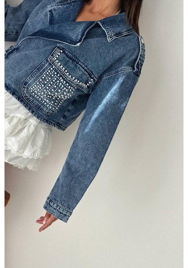 Lacarino 7660 Taşlı Kadın Jean Ceket Dark Blue Taşlı