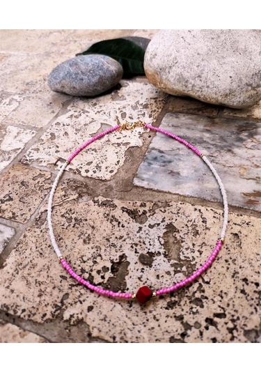 GOLD KAPLAMA ASORTİ DOĞALTAŞ PEMBE BONCUK KOLYE-KOL123 Bakır