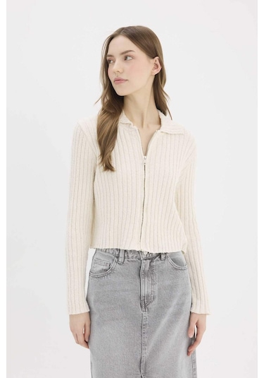 DeFacto Slim Fit Dar Kesim Polo Yaka Fermuarlı Hırka E4030AX25SPER105 Ekru