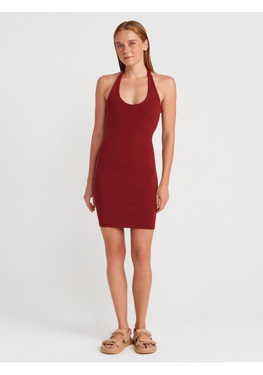 Dilvin 91508 Halter Yaka Mini Elbise-açık Bordo Açık Bordo