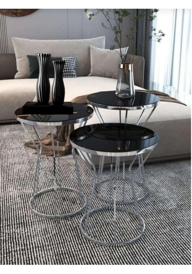 3'lü Kum Saati Zigon Sehpa Seti Gümüş Ayak Siyah Cam Siyah