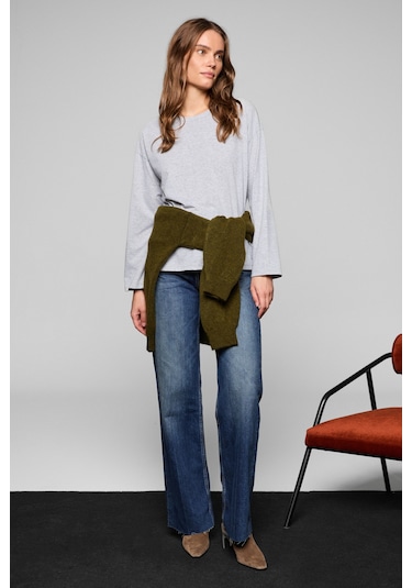 Grımelange Basıl Kadını Oversize %100 Organik Pamuk Örme Uzun Kol Grimelanj T-shirt Gri Melanj