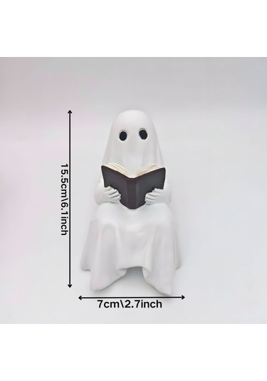 Reedark Küçük Fantastik Ghost Kitap Okuyan Figür - Resin Mdf Dekoratif Ev Aksesuarı - Halloween Dekorasyonu 15.5cm