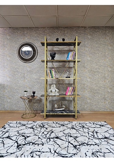 Çıkıntılı Gold Boyalı Kitaplık - 5 Raflı Suntalem Lüks Kitaplık L Çok Renkli