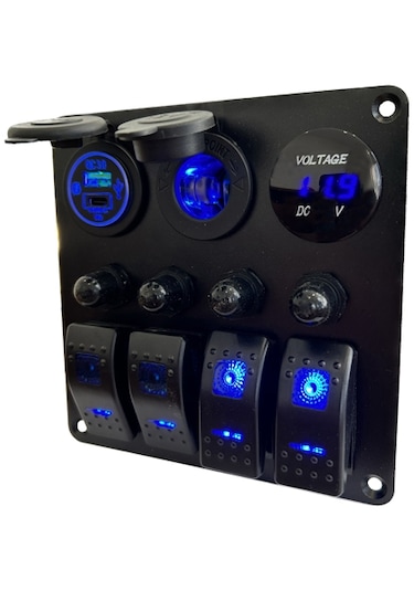 12v 4 Düğmeli Sigortalı Usb Voltmetreli Elektrik Kontrol Paneli Siyah