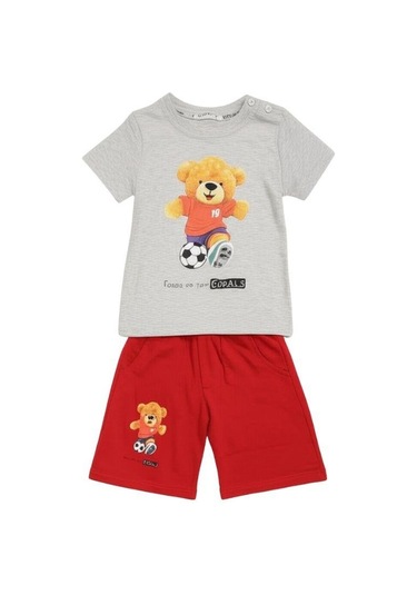 Erkek Bebek Ayıcıklı Pamuklu Şortlu Takım-15829 Gri