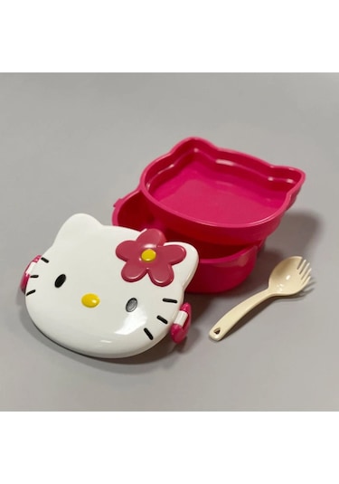 Kawaii 3d Hello Figür Kabartmalı 2 Katlı Çatal Ve Kaşıklı Kilitli Beslenme Çantası Kutusu