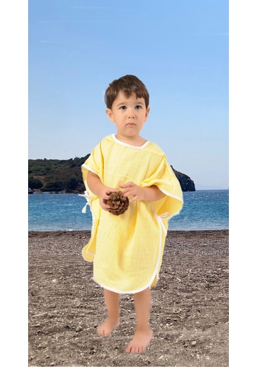 Çocuk Bebek Müslin Panço Kapüşonlu 1-4 Yaş - Sarı