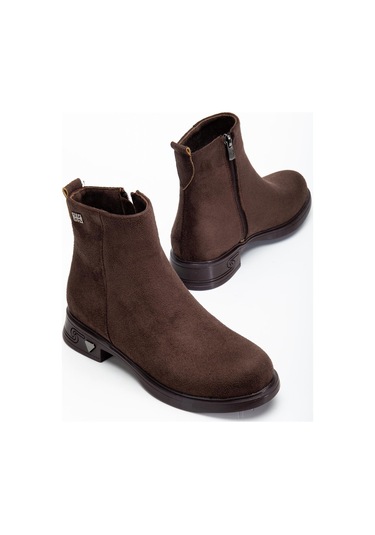 Kadın Bot Kahverengi Süet Suni Deri Kauçuk Taban Yüzüdüz-4371 Kahverengi Süet