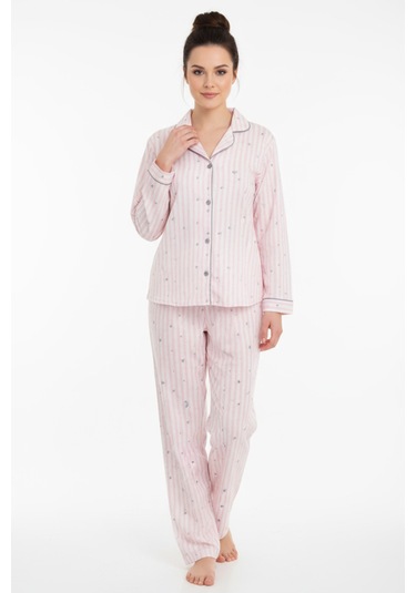 Luxury Viscose Pudra Pembe Minik Kalp Desenli Kadın Uzun Kollu Pijama Takımı 42545 Pembe