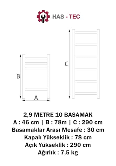 Teleskopik Merdiven 2,9 Metre 10 Basamaklı Düz Uzayan