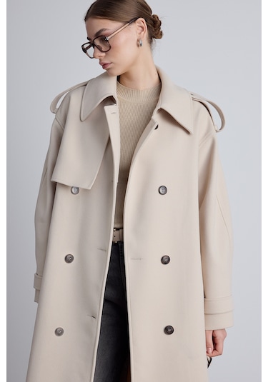 Apolet Detaylı Kaşe Kaban Bej