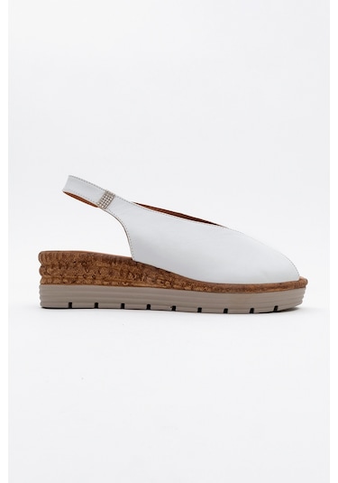 Blom Beyaz Hakiki Deri Kadın Dolgu Topuk Sandalet Beyaz