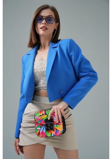 İndigo Kruvaze Crop Blazer Ceket İndigo