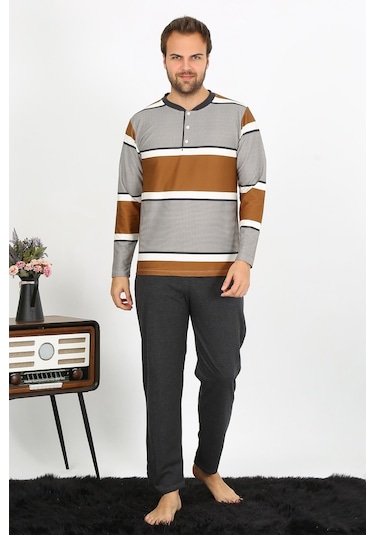 Akbeniz Erkek Uzun Kol Penye Pijama Takım 6845-Sütlü Kahve Açık Kahverengi