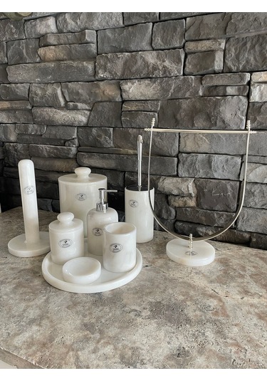 Beyaz Doğal Mermer Gümüş Rengi Aksesuarlı 9,lu Banyo Seti Beyaz