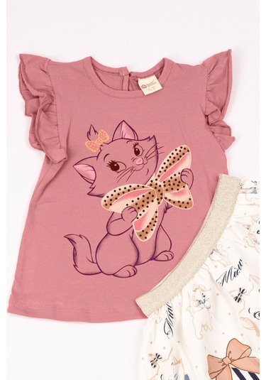 Kız Çocuk Takım Etekli Kedi Baskılı Kol Detaylı A66 Pudra