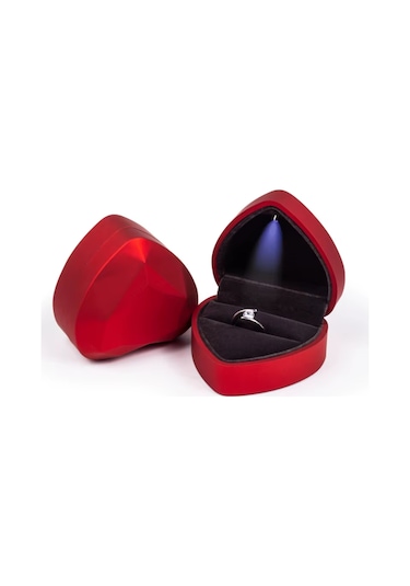 Springsun Kırmızı Mat Lakalı Kalp Şekilli Elmas Yüzlü Led Işıklı Yüzük Kutusu 7.2x6.6x4.5cm Kırmızı