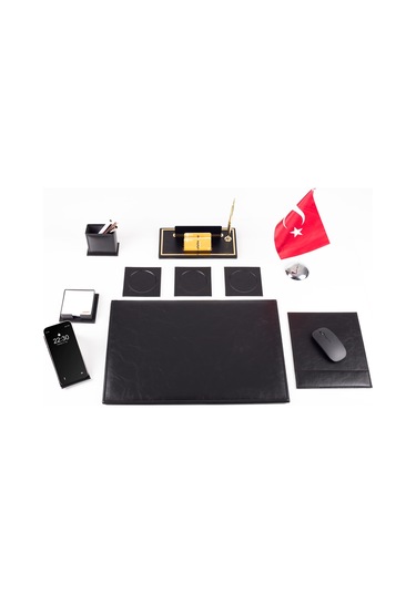 Optima 10 Parça Türk Bayraklı Siyah Deri Sümen Seti Takımı Gold Kalem Ofis Masa İsimliği İsimlik