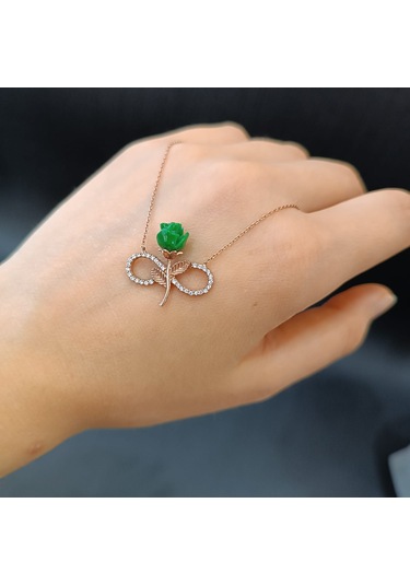 925 Ayar Gümüş Sonsuzluk Tema Yeşil Gül Modelli Harika Tasarım Altın Kaplama Kolye Gümüş